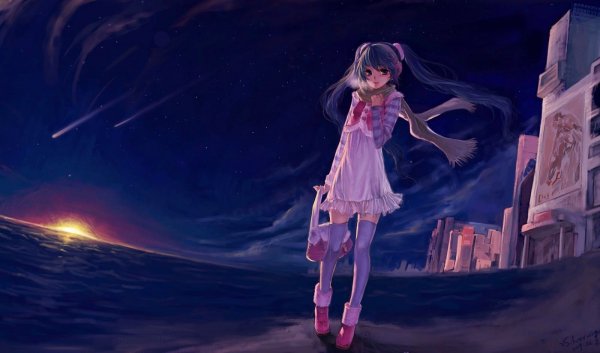 christmas hatsune_miku silverwing  vocaloid anime girl xmas wallpaper night shooting stars phistars 5 stars